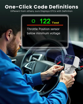 JOPLAY OBD1 2.4-inch LCD closeup displaying a code and short definition for fast diagnosis