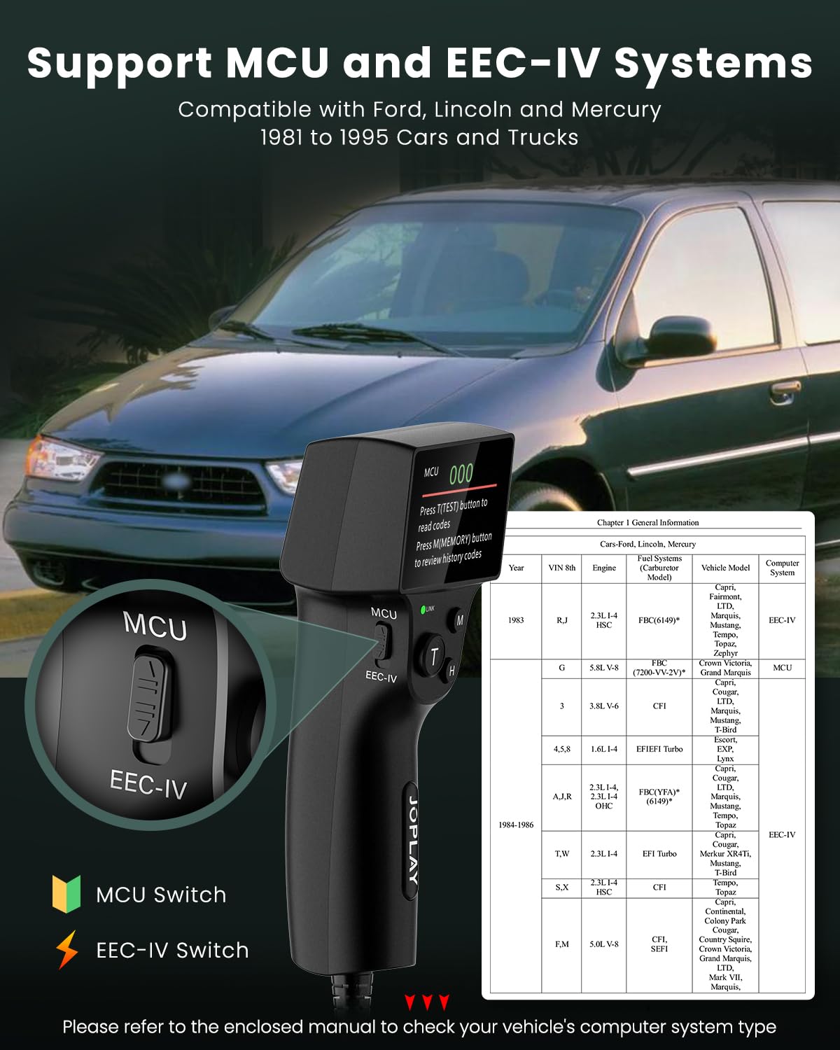 JOPLAY OBD1 2.4-inch LCD displaying a fault code and definition for fast identification