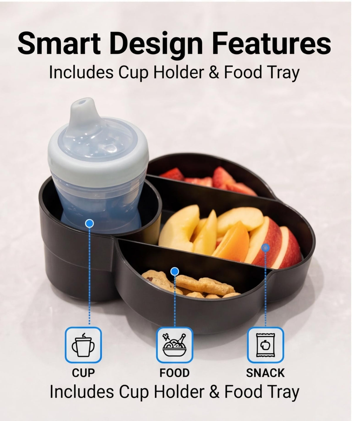 Joregobo tray installed on Safety 1st EverFit seat offering compatible, stable fit