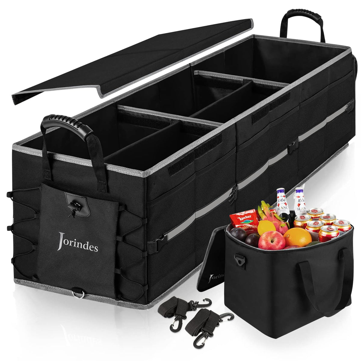 Jorindes front view of trunk organizer showing compartments and sturdy handles for easy carrying