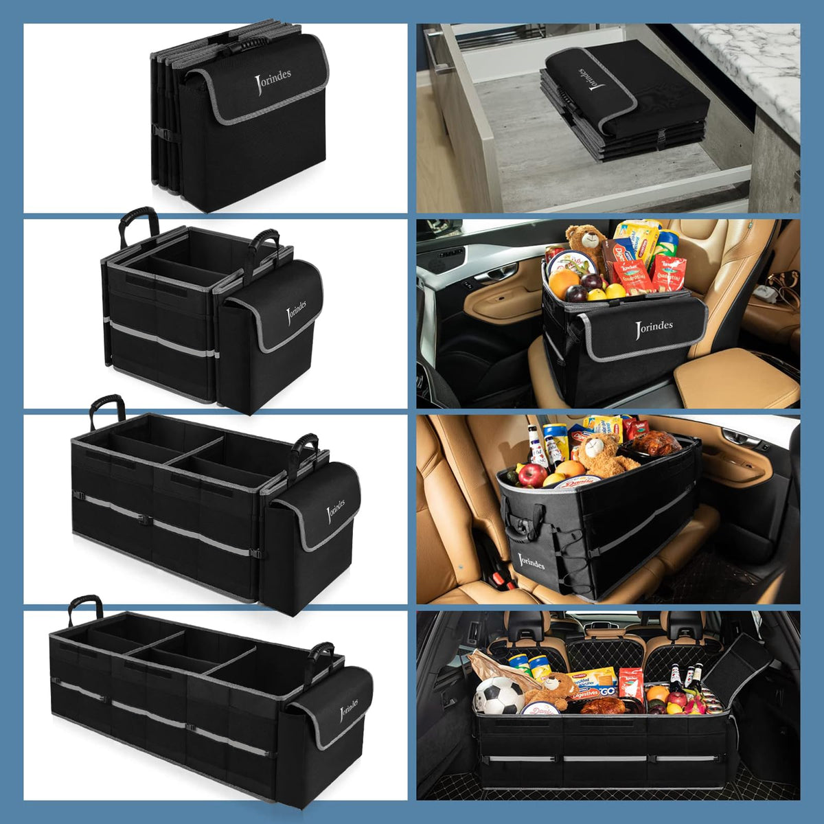 Jorindes installed in a car trunk with non‑slip strips keeping cargo stable during transit