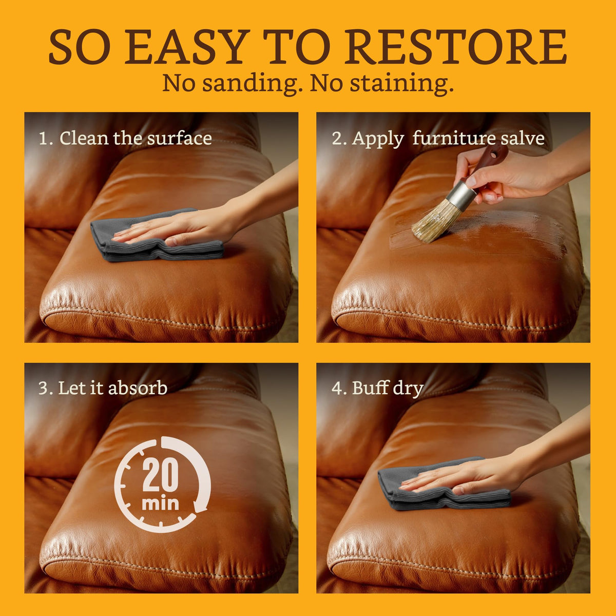 joyful spaces applying balm with sponge on leather sofa for quick restoration