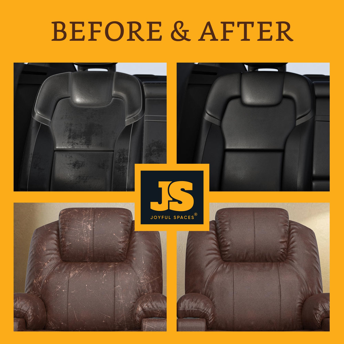 joyful spaces side-by-side before and after leather couch revival effect