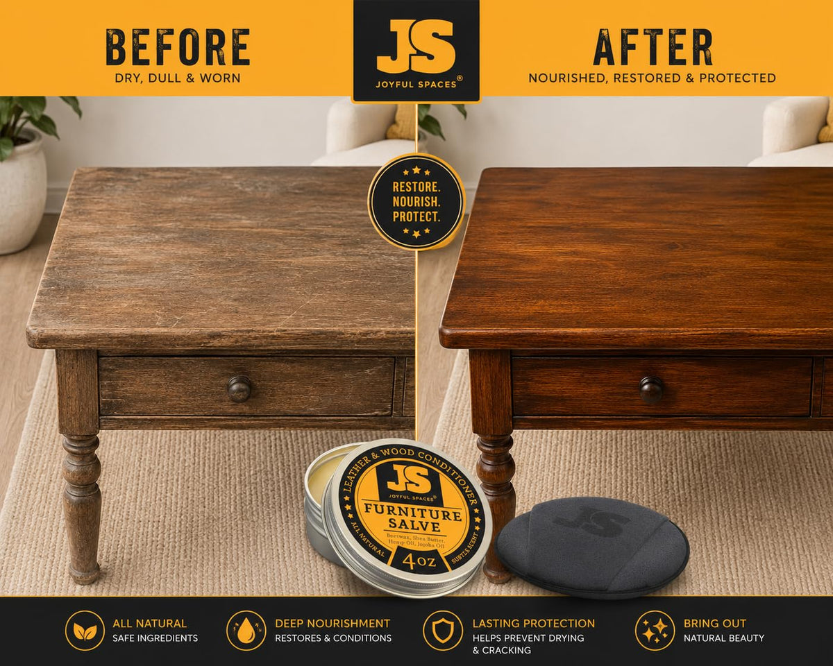 joyful spaces balm applied to wood showing warm restored sheen