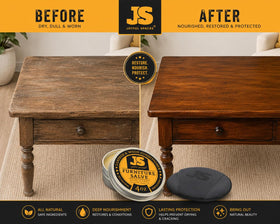 joyful spaces balm applied to wood showing warm restored sheen