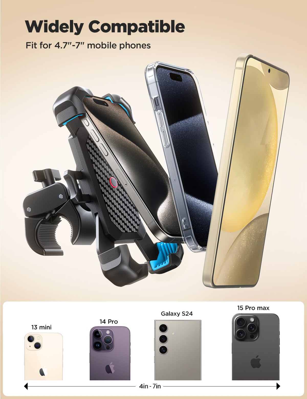 JOYROOM scale image showing handlebar diameter and phone size compatibility for confident fit