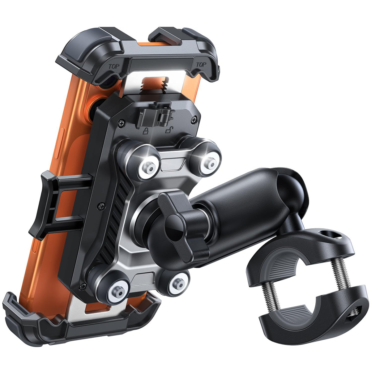JOYROOM front-mounted phone holder on motorcycle handlebars showing secure grip and visibility