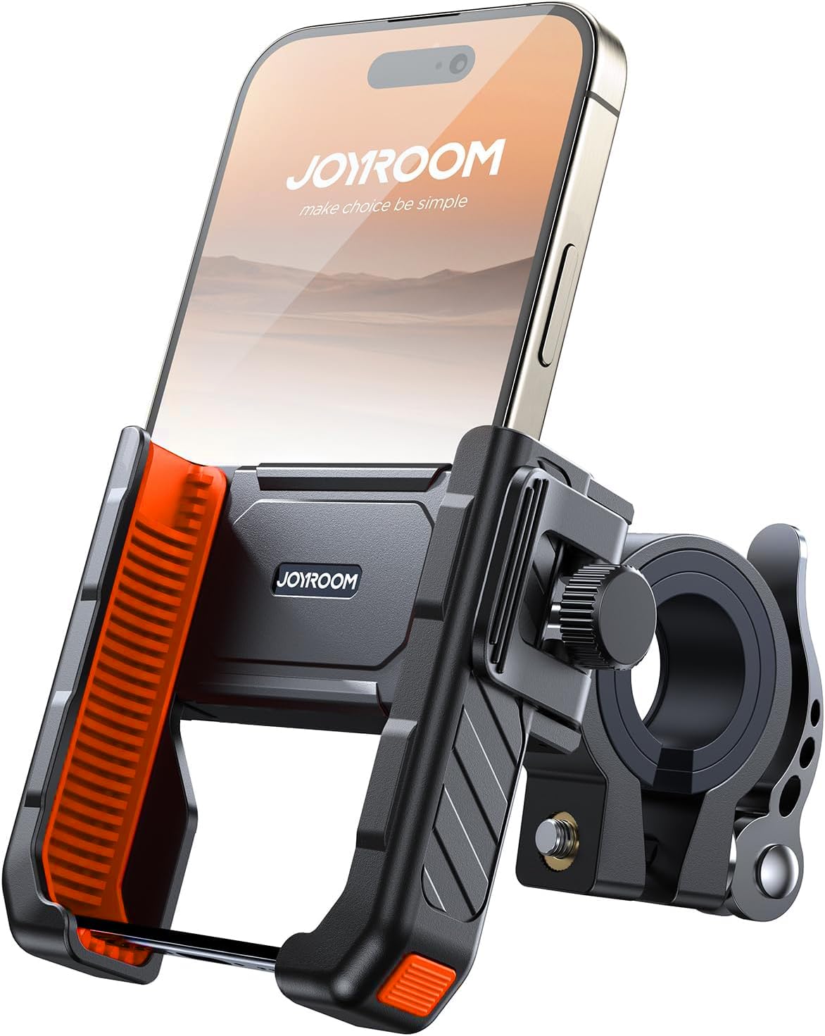 JOYROOM front view of orange handlebar phone mount showing secure clamp and color