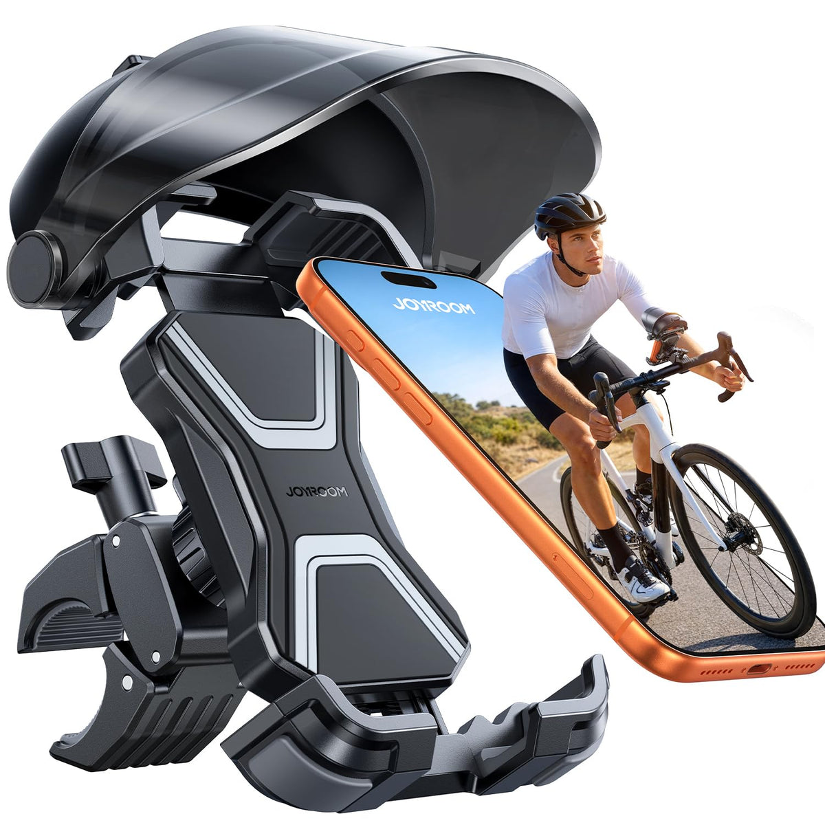 JOYROOM front view of bike phone holder showing secure grip and sunshade benefit