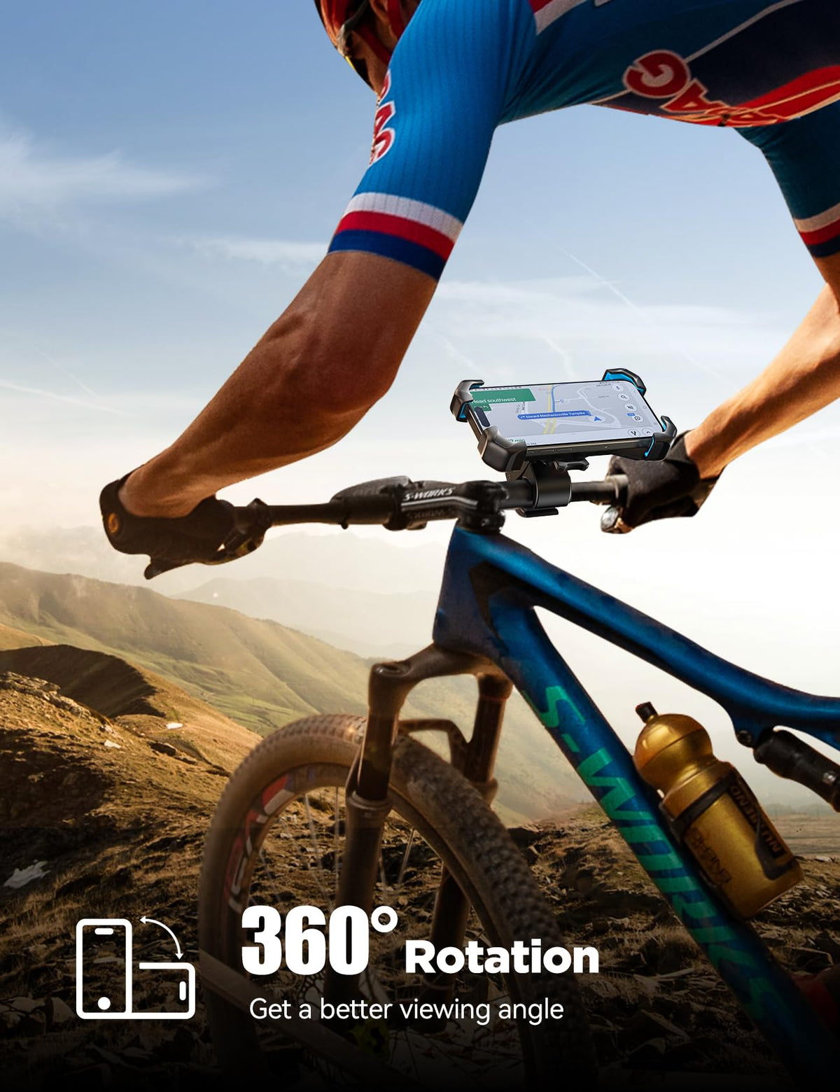 JOYROOM lifestyle shot with rider using navigation showcasing secure hold and improved safety