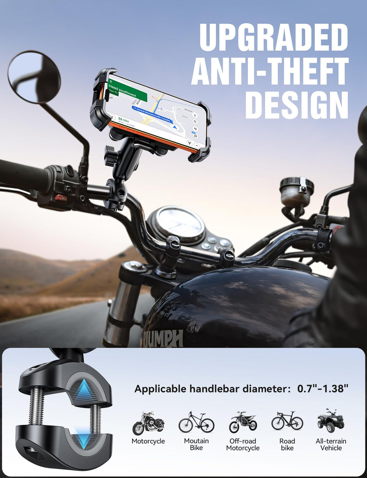 JOYROOM metal extension arm and handlebar clamp detail showing durable, anti-theft fastening