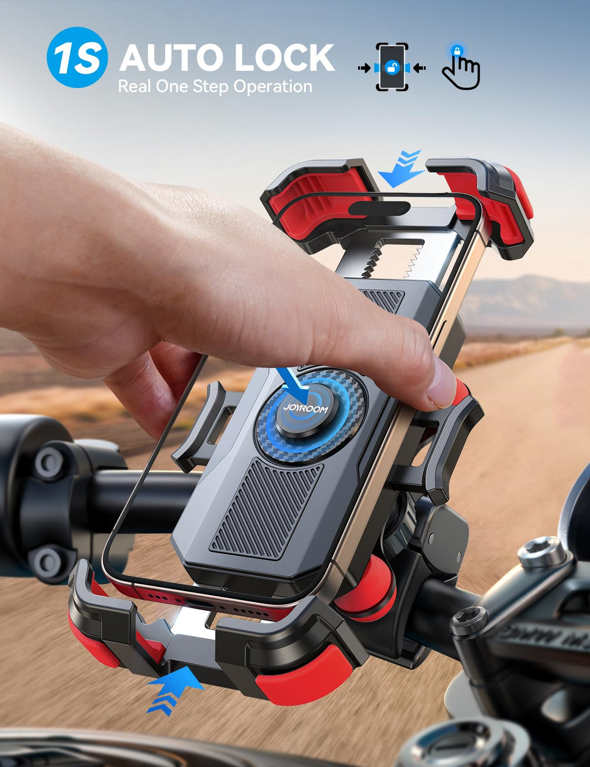 JOYROOM detail of upgraded all-metal handlebar clamp illustrating durability benefit