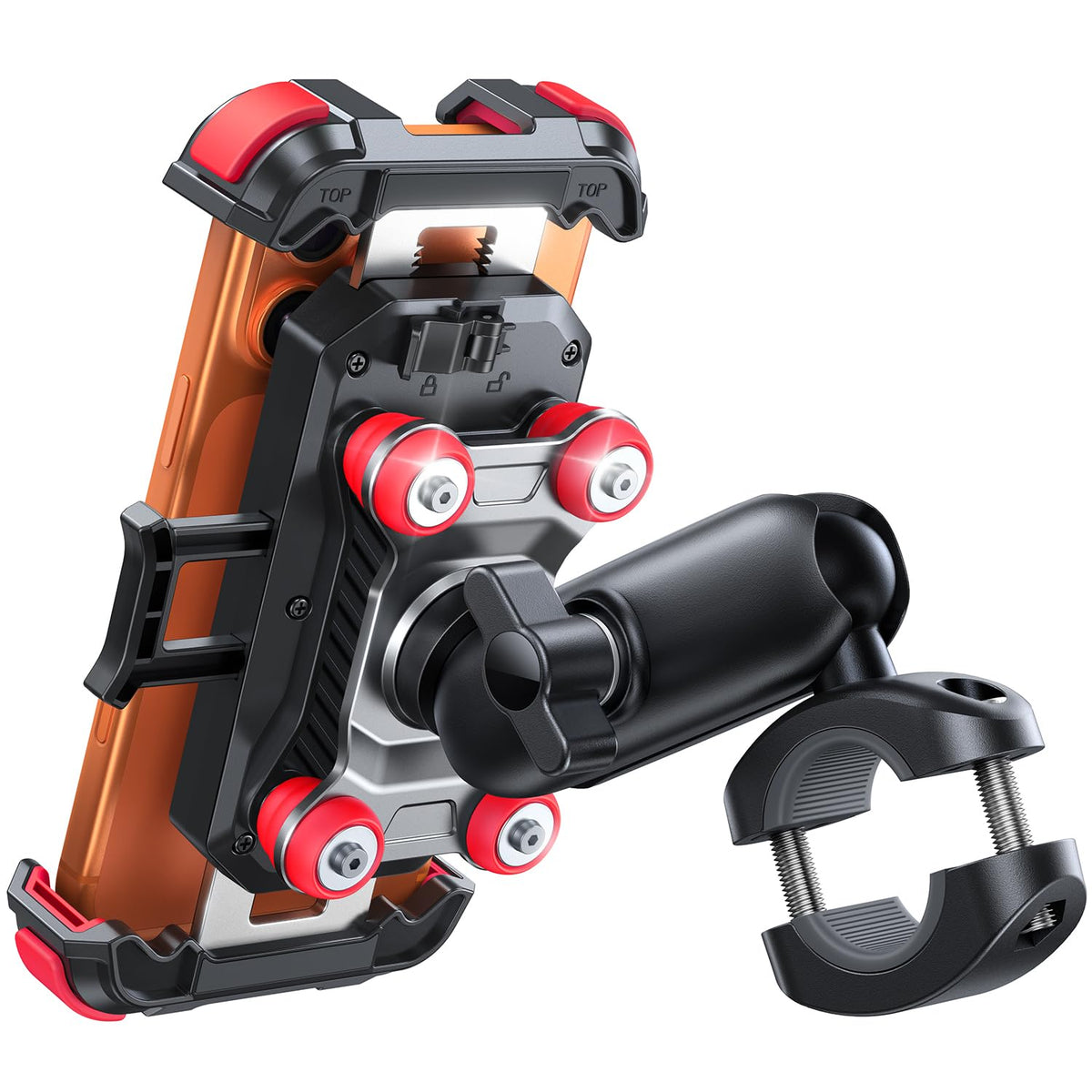 JOYROOM front view of red motorcycle phone mount showing sturdy frame and secure grip