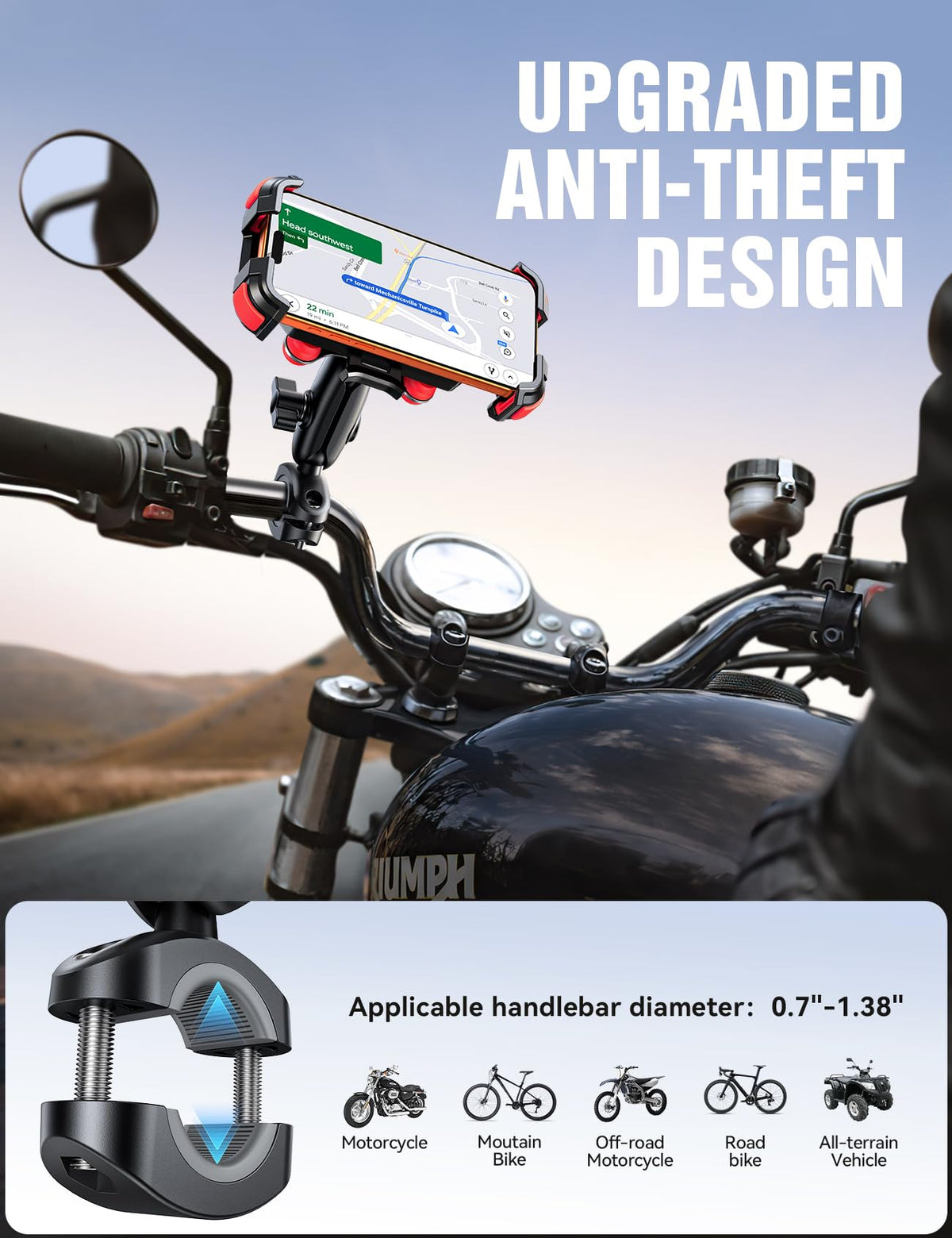 JOYROOM handlebar clamp installed on motorcycle showing tight fit and anti-theft security