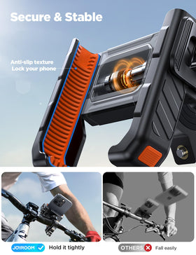 JOYROOM mounted on a motorcycle handlebar demonstrating stable fit and safety