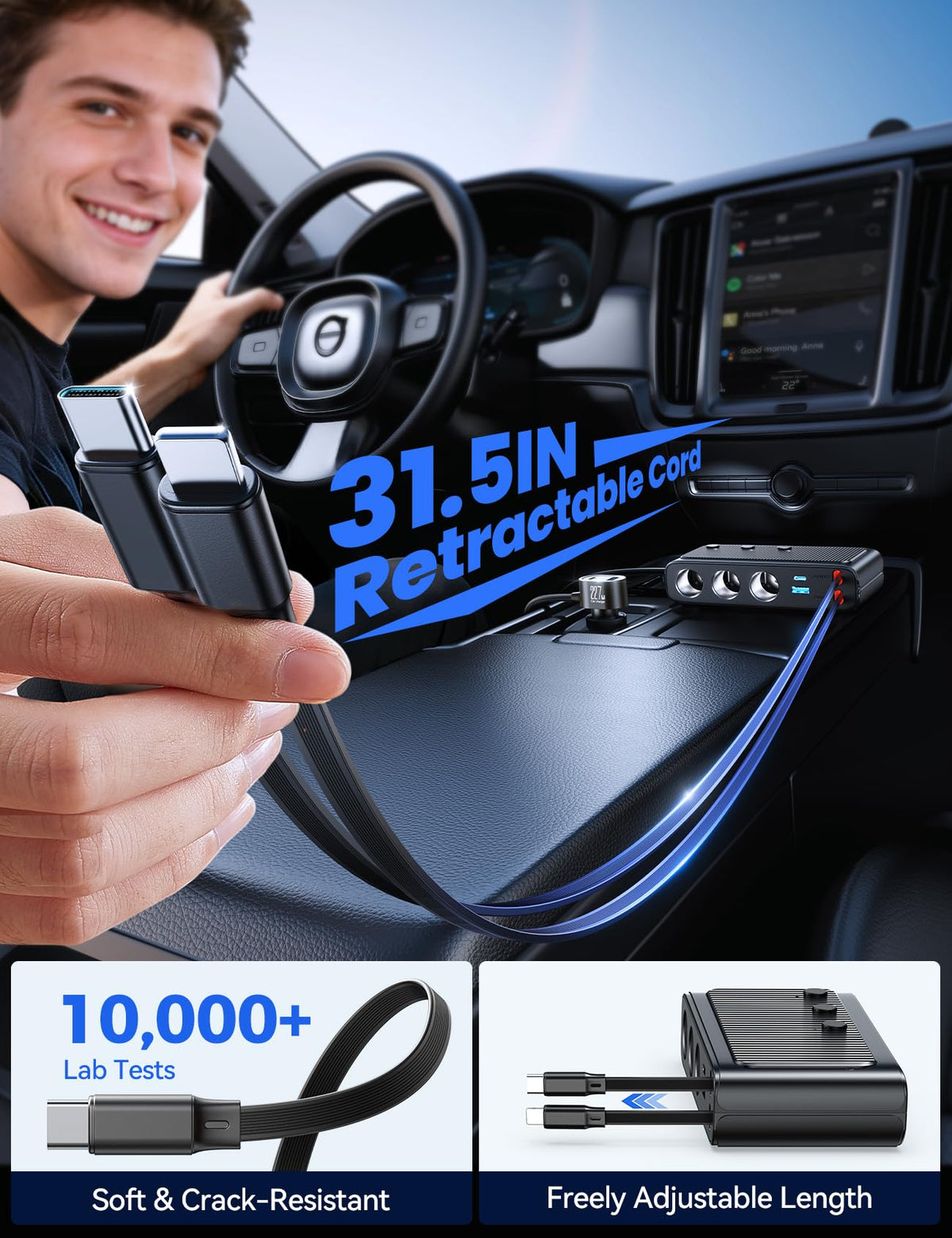 JOYROOM rear view with retractable cables extended delivering rear-seat power