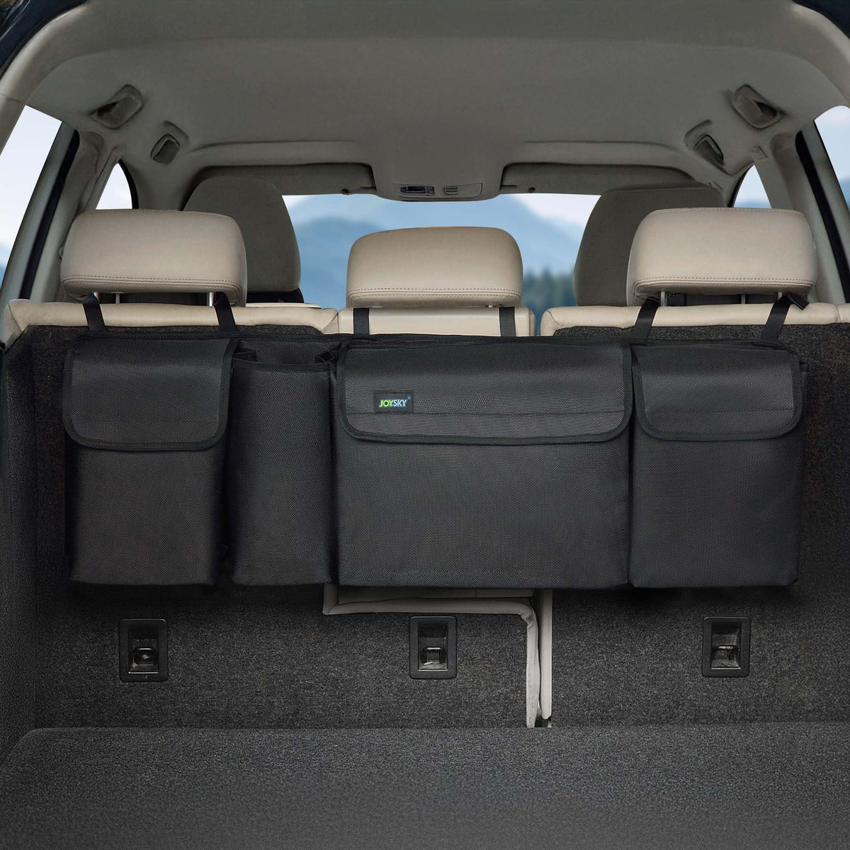 JOYSKY front view packed organizer showing tidy trunk benefit