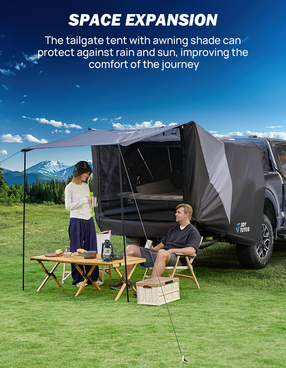 JOYTUTUS extended awning over tailgate providing shaded cooking area