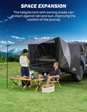 JOYTUTUS extended awning over tailgate providing shaded cooking area