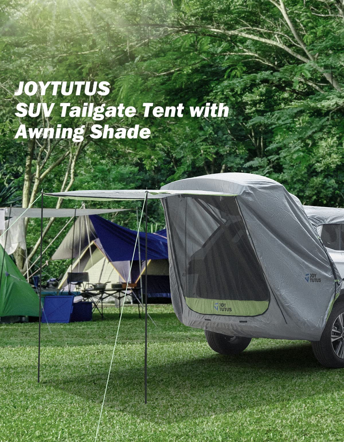 JOYTUTUS awning extended over roof with table showing shaded dining for multiple people