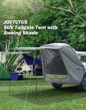 JOYTUTUS awning extended over roof with table showing shaded dining for multiple people
