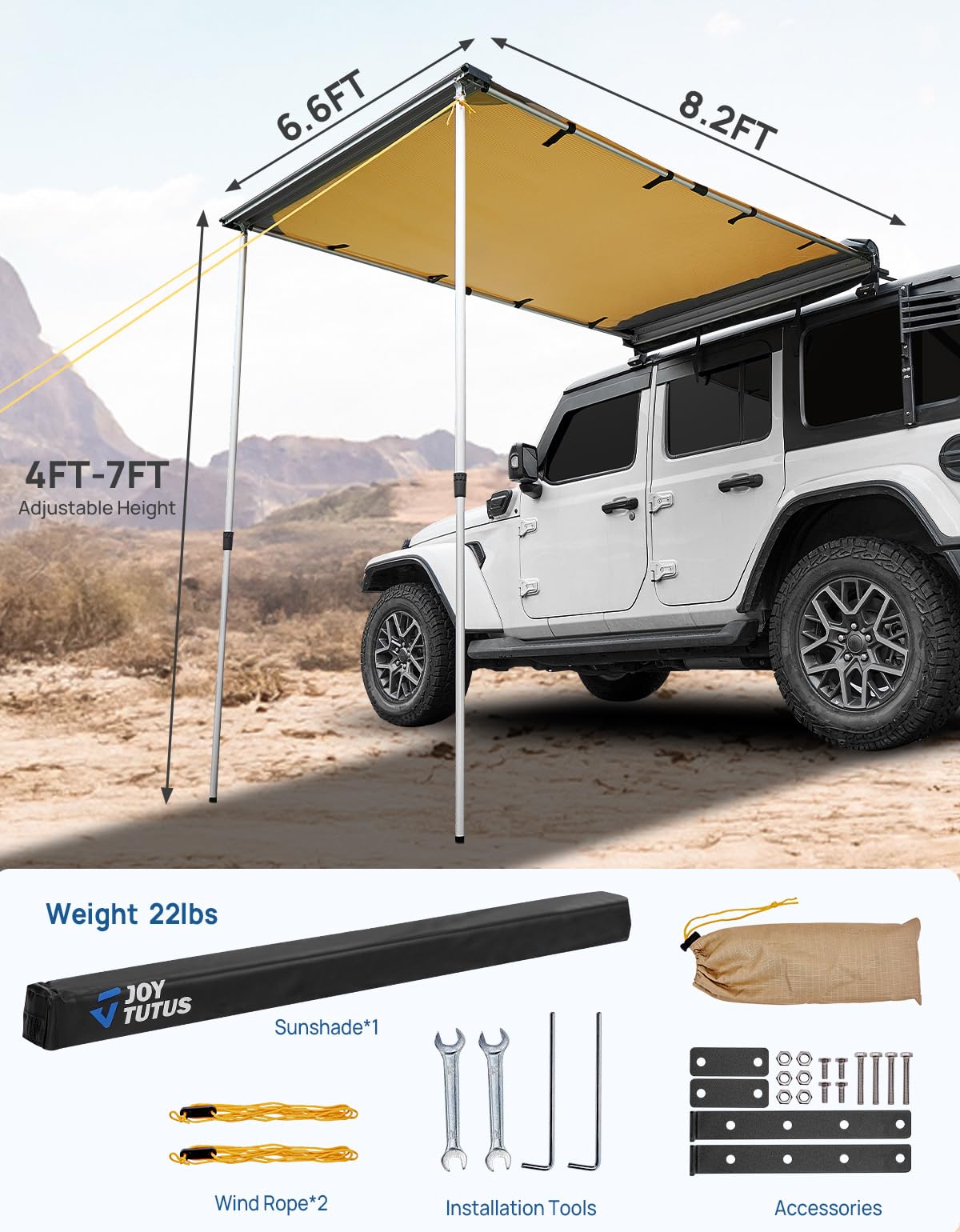 JOYTUTUS awning beside SUV showing scale and usable shaded area