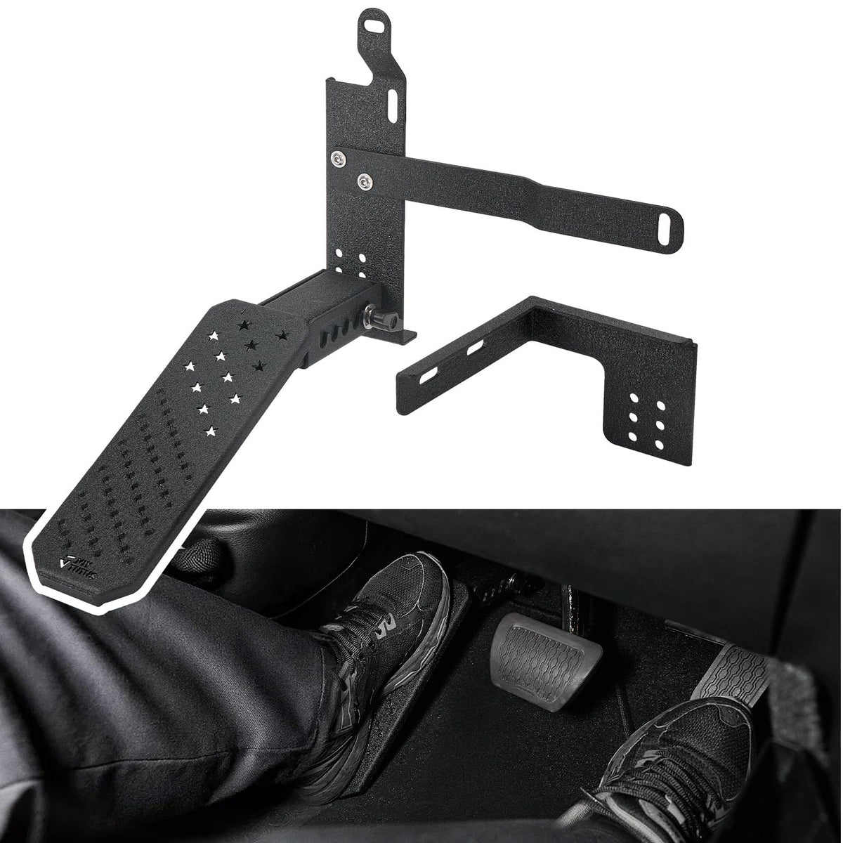 JOYTUTUS dead pedal front view showing flag design and durable finish for improved comfort