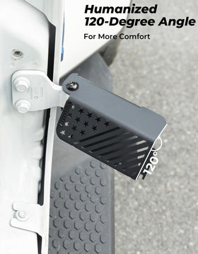 JOYTUTUS foot peg installed on Jeep door hinge demonstrating easy no-drill fit