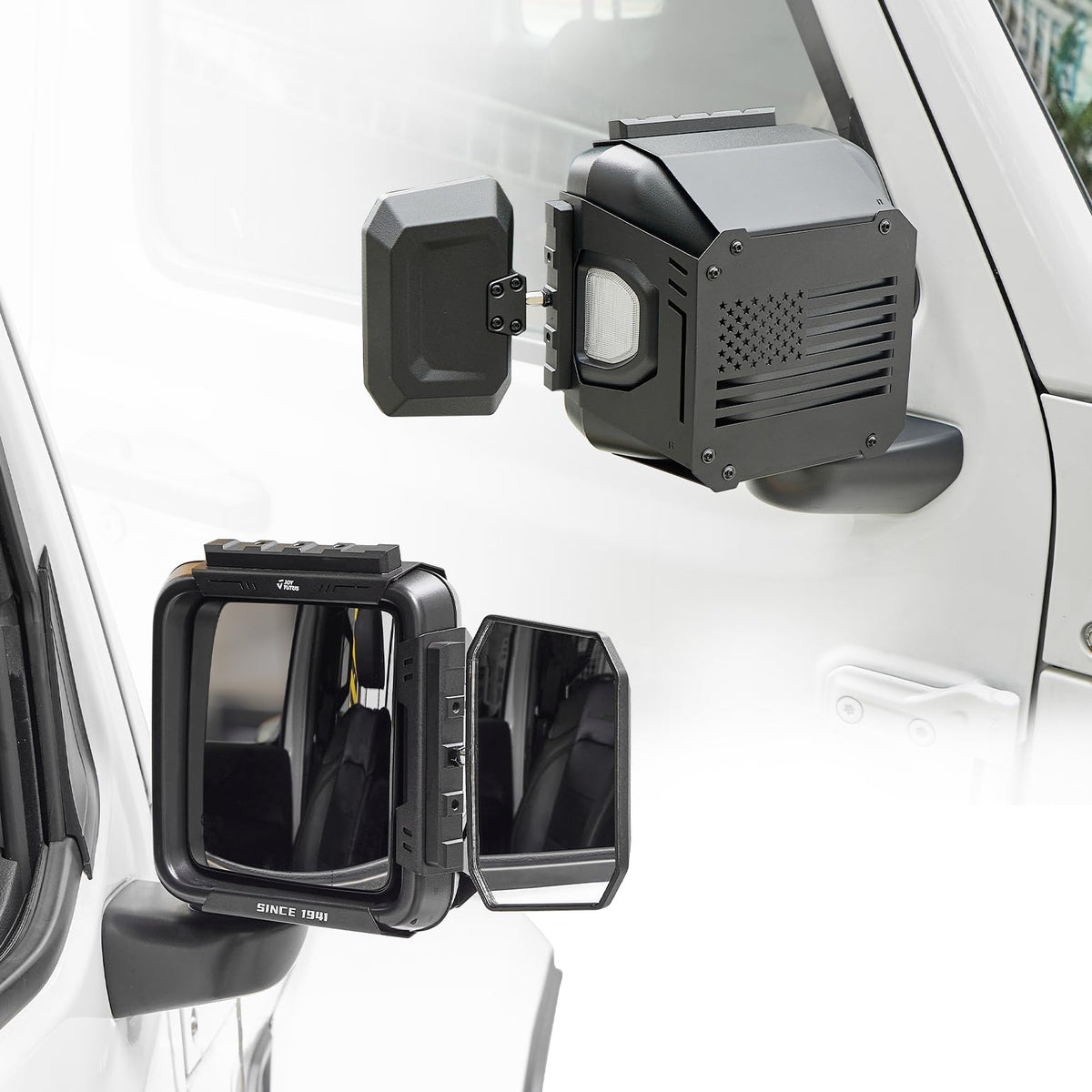 JOYTUTUS clamp-on mirror front view showing secure fit and improved towing visibility