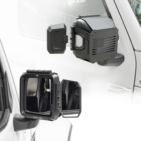 JOYTUTUS clamp-on mirror front view showing secure fit and improved towing visibility