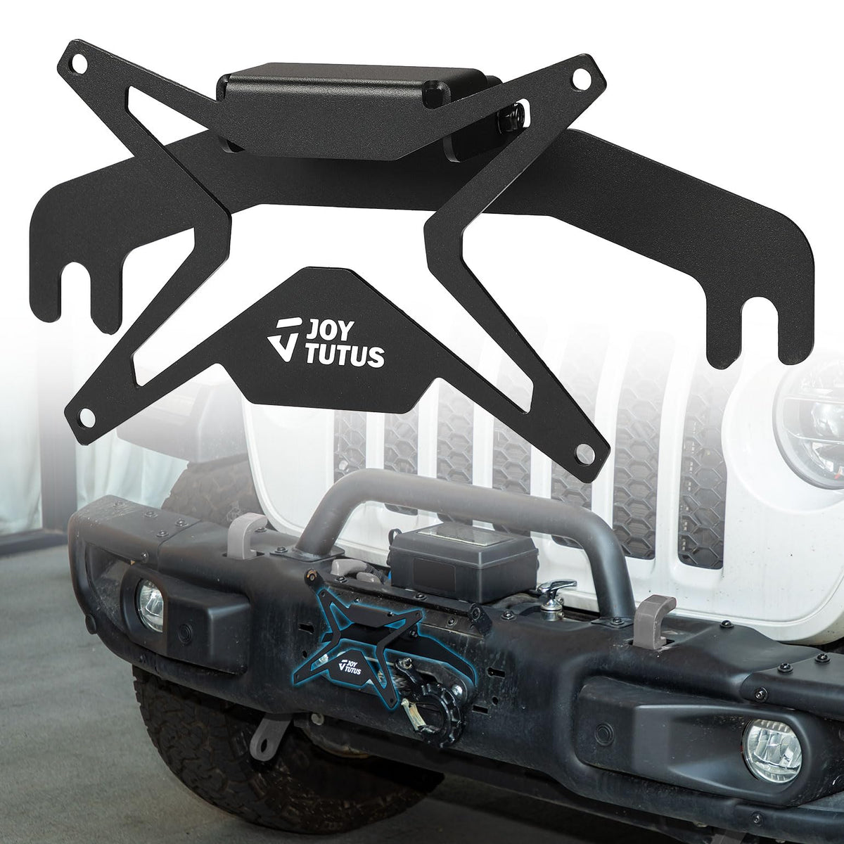 JOYTUTUS front-mounted bracket showing clean bumper look and easy winch access