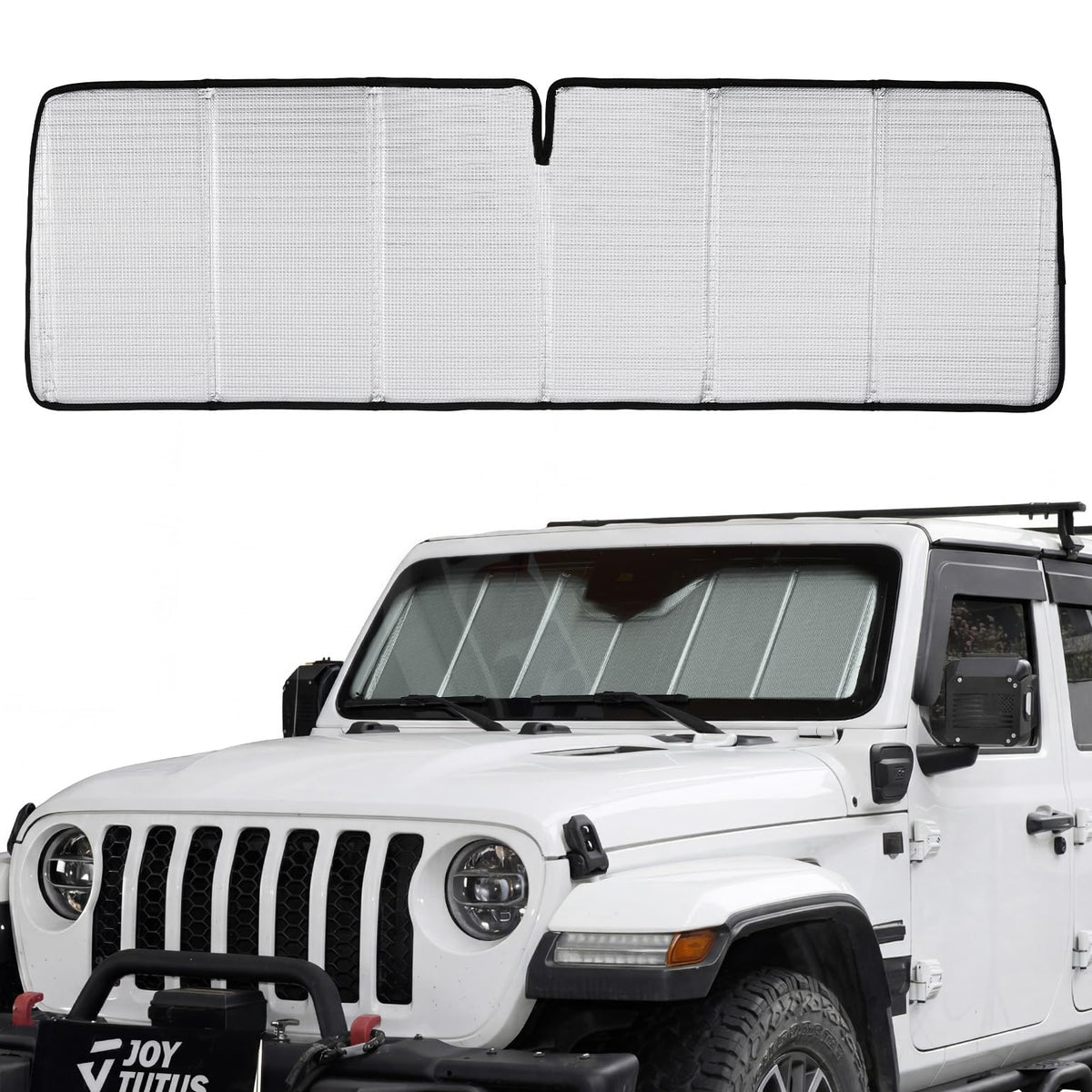 JOYTUTUS front packaging on Jeep windshield showing fit and protection