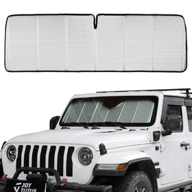 JOYTUTUS front packaging on Jeep windshield showing fit and protection