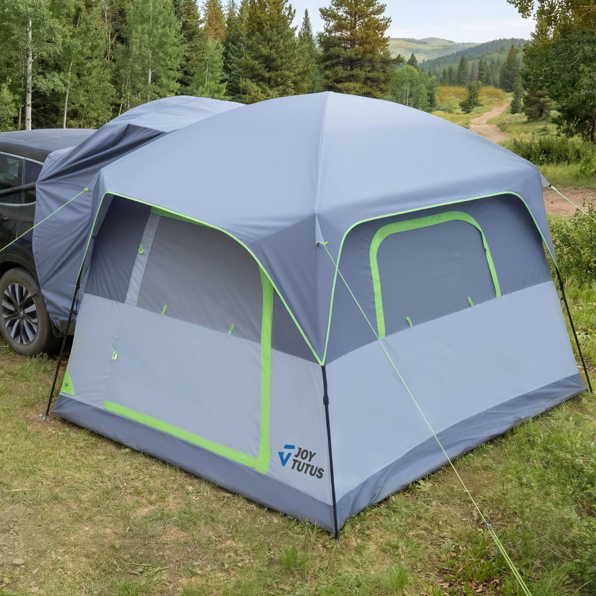 JOYTUTUS front view showing full tent and vehicle connection for added space