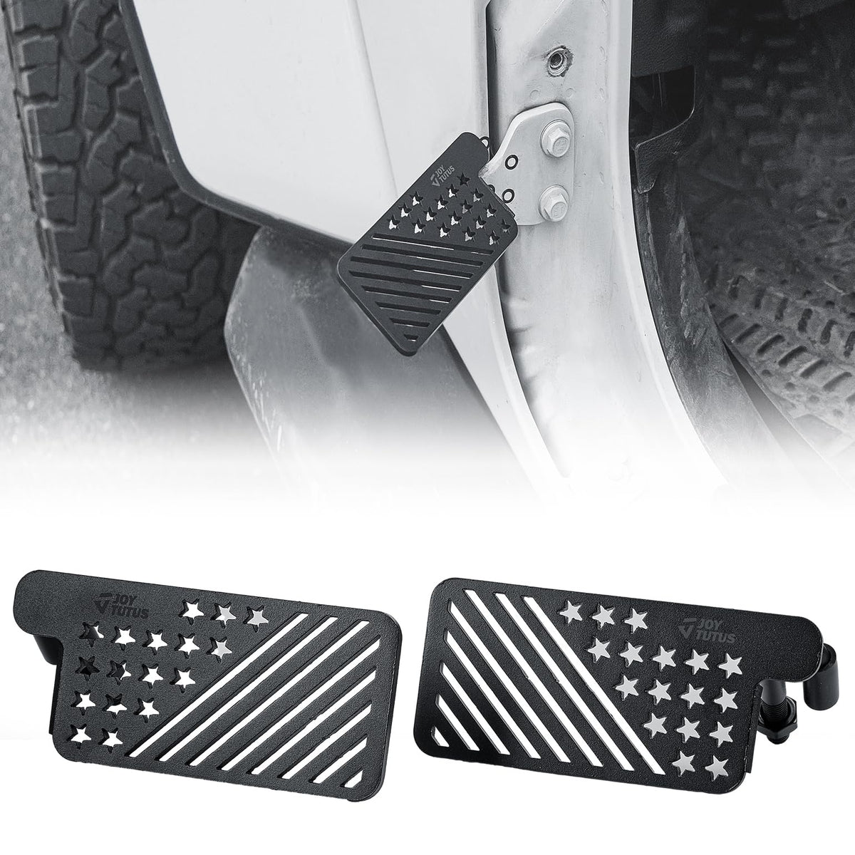 JOYTUTUS front view of foot pegs showing bolt-on hardware and US flag pattern benefits durability