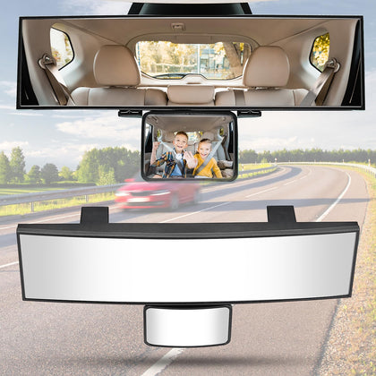 JOYTUTUS front view of boxed 11-inch panoramic mirror showing product and packaging benefits