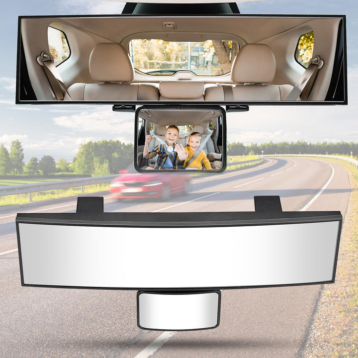 JOYTUTUS front view of boxed 11-inch panoramic mirror showing product and packaging benefits