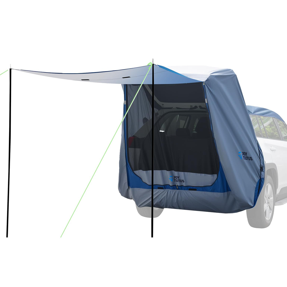 JOYTUTUS front view attached to SUV showing shelter and awning benefit