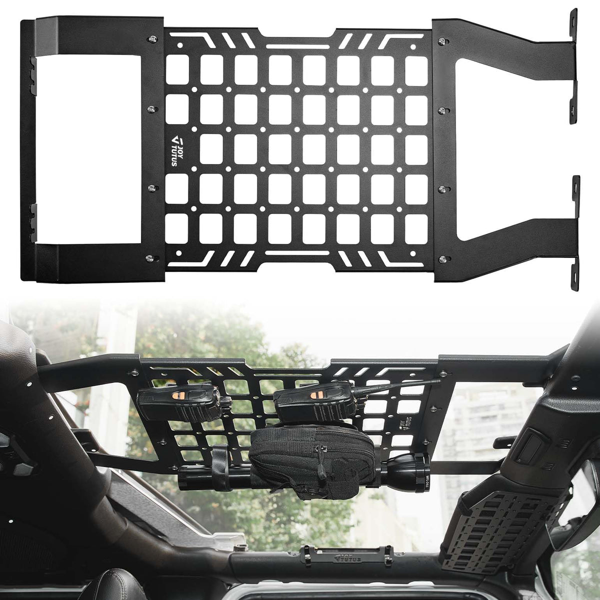 JOYTUTUS front view installed on Wrangler hard top shows organized overhead storage benefit