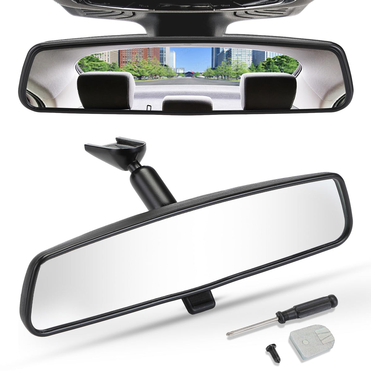 JOYTUTUS front view mirror showing wide 10.6-inch reflective surface and clear visibility benefit