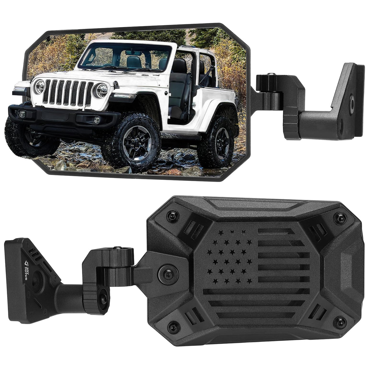 JOYTUTUS front-mounted mirror on Jeep JL showing wide view and stability