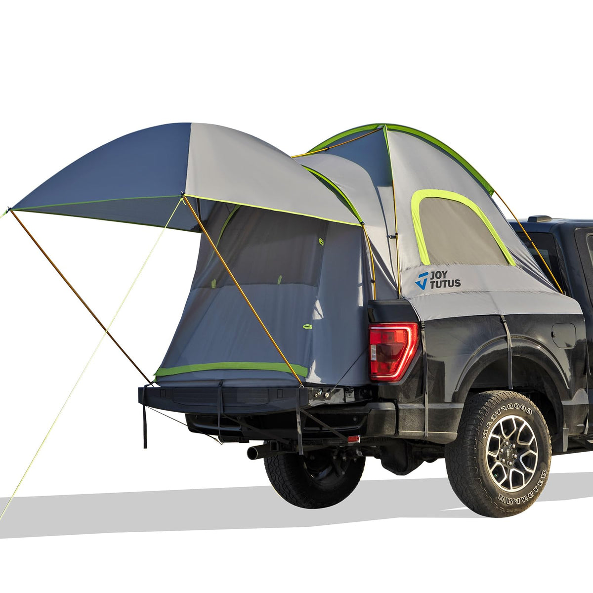 JOYTUTUS front view of tent mounted in pickup bed showing shelter and benefit of easy setup