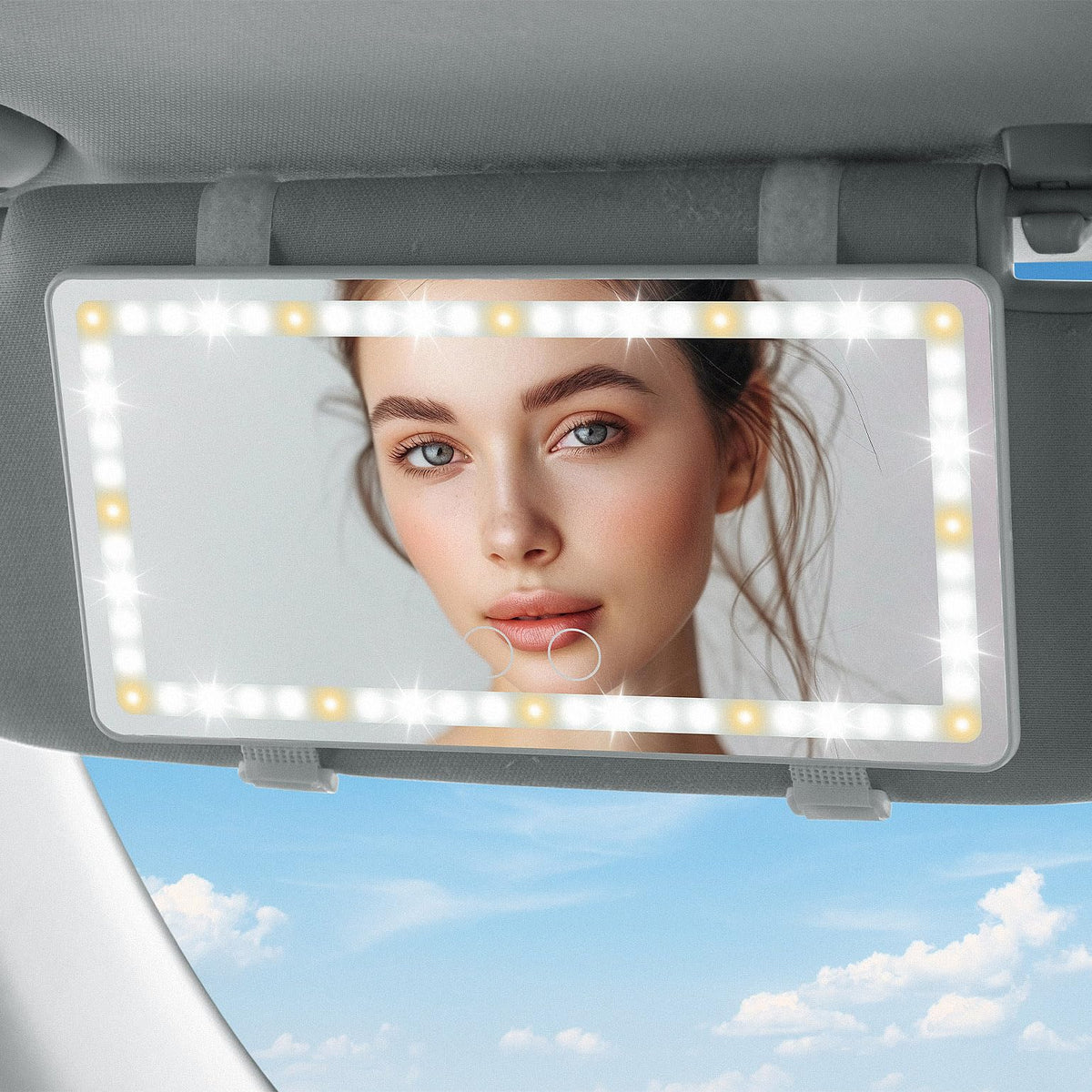 JOYTUTUS front view of visor mirror showing slim profile and bright lighting benefit