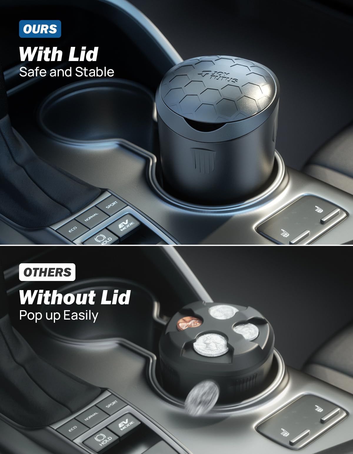 JOYTUTUS placed in car cup holder showing stable fit and convenience