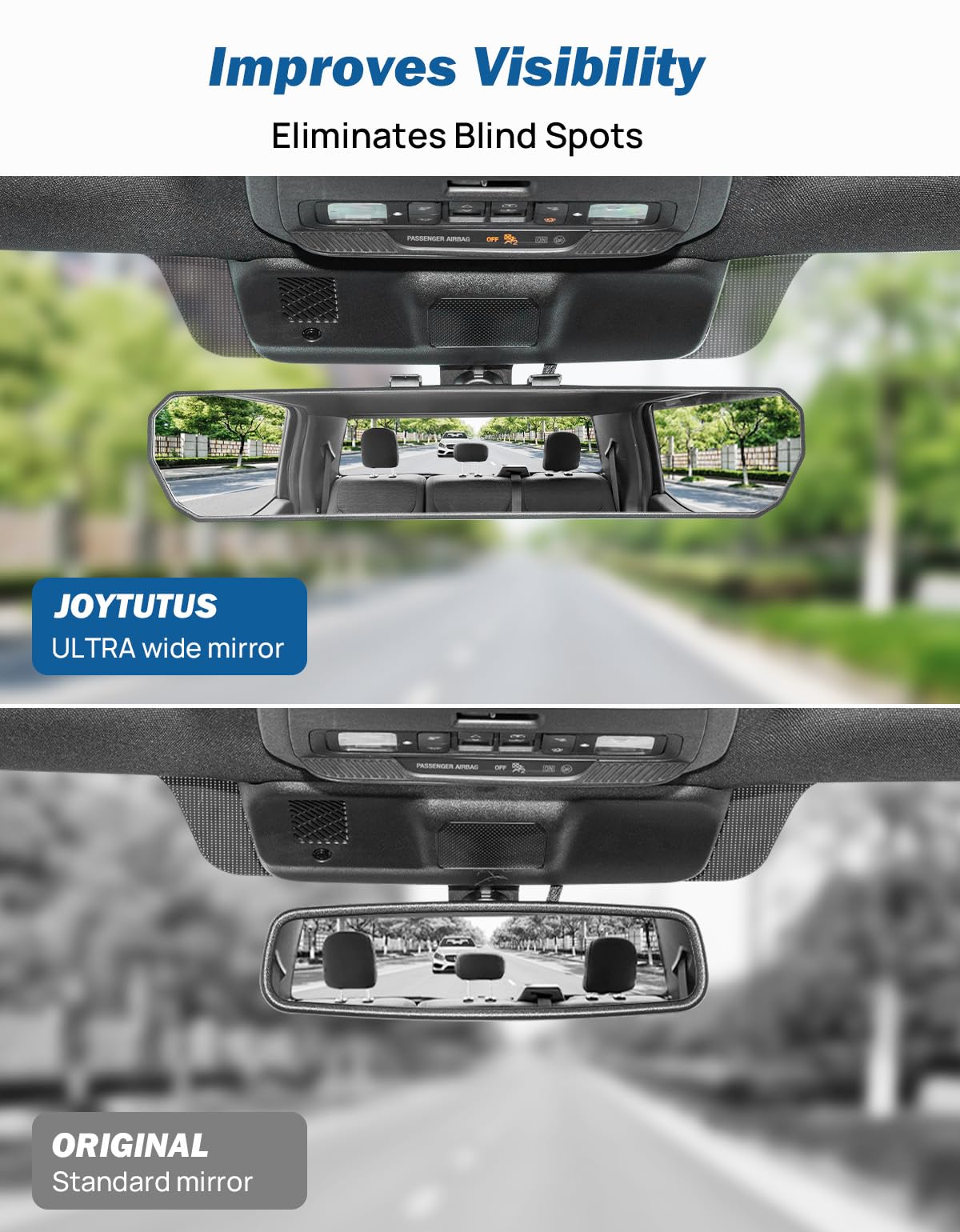 JOYTUTUS installed on car mirror demonstrating wider rear visibility benefit