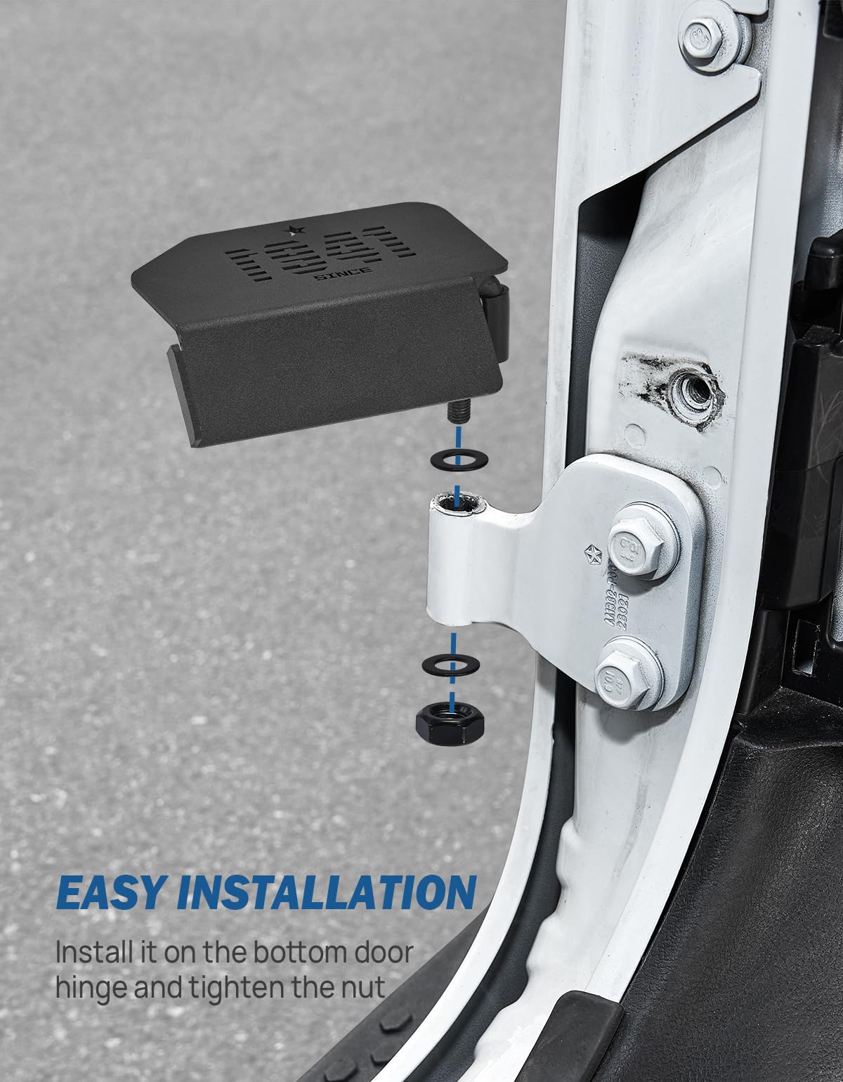 JOYTUTUS installed on Wrangler door hinge demonstrating secure mounting