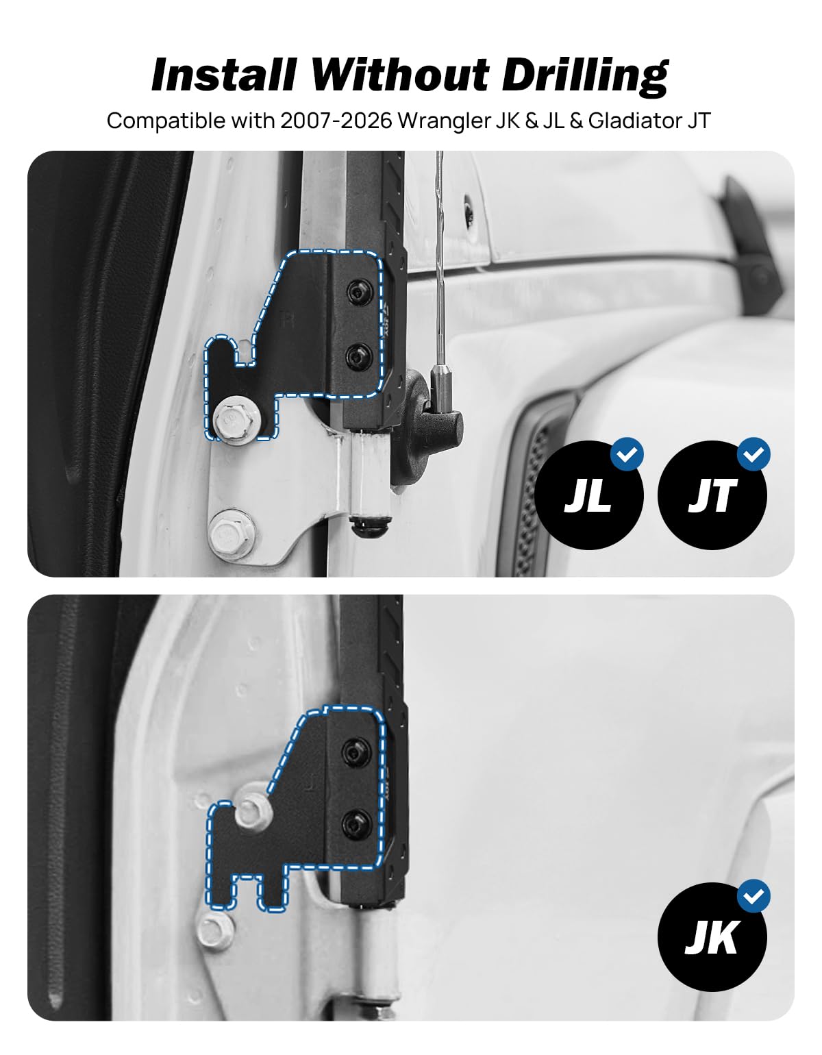 JOYTUTUS installed on Wrangler hinge, steady view benefit