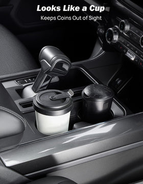 JOYTUTUS in car cup holder during drive showing reduced clutter benefit