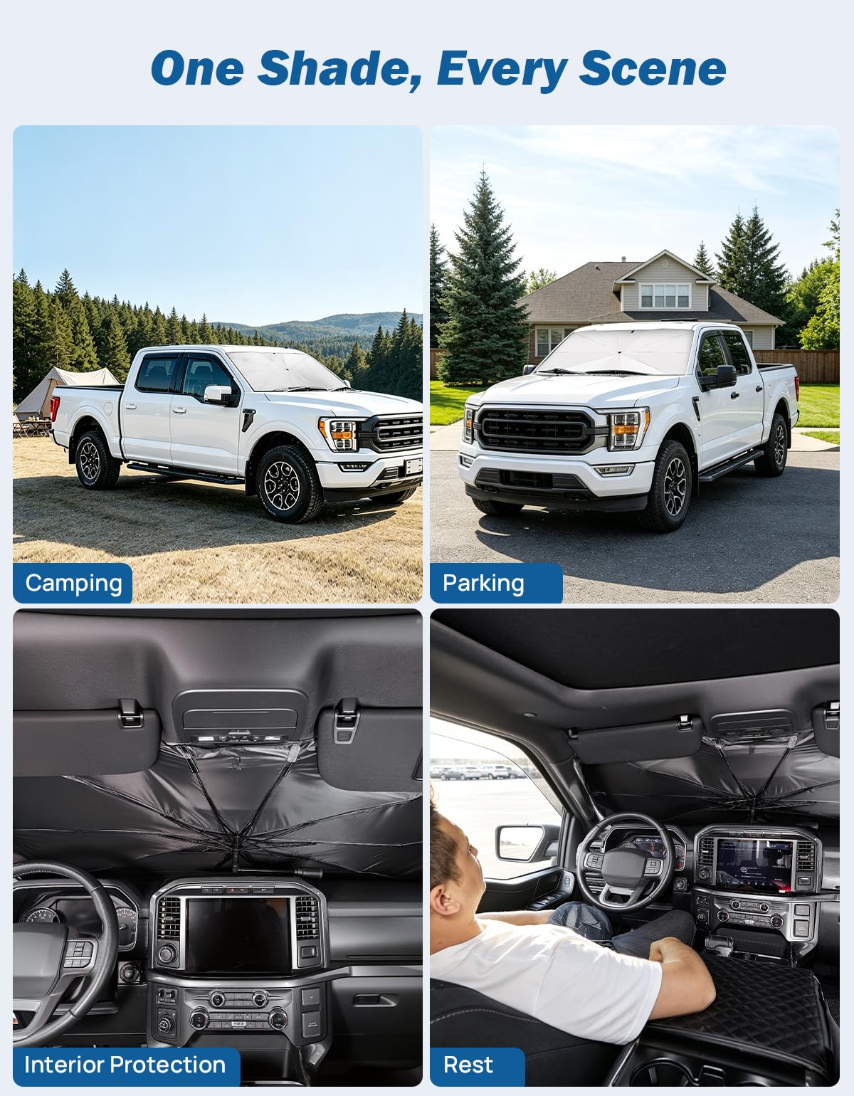 JOYTUTUS sunshade installed on parked F150 in driveway providing cooler cabin