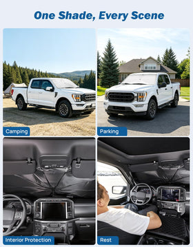 JOYTUTUS sunshade installed on parked F150 in driveway providing cooler cabin